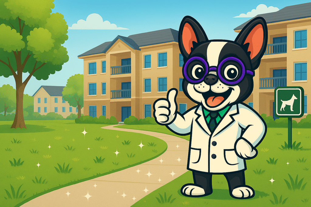 Dr. Turdstein standing in front of a freshly scooped Apartment Community in Austin, Texas.