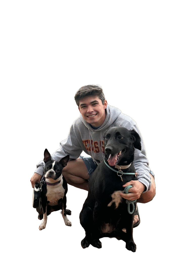 Gage Freeman, founder of Turd Nerds dog poop removal in Austin, TX, smiling with two happy dogs—trusted local pet waste cleanup expert serving Greater Austin.