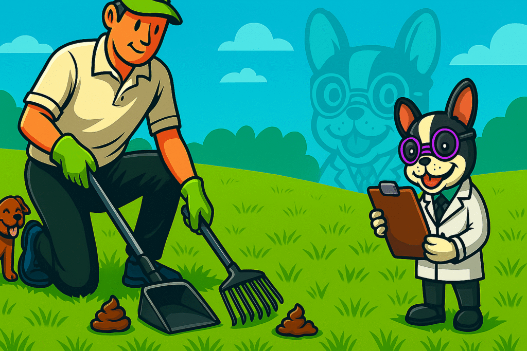 Illustration of Turd Nerds technician performing weekly dog poop pickup service in Austin, TX, with cartoon mascot overseeing pet waste cleanup on green lawn.