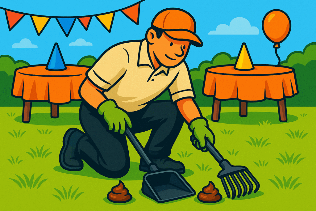 Turd Nerds technician providing one-time dog poop cleanup service in Austin, TX, before a backyard party with tables and decorations, ensuring a clean, odor-free yard for events.