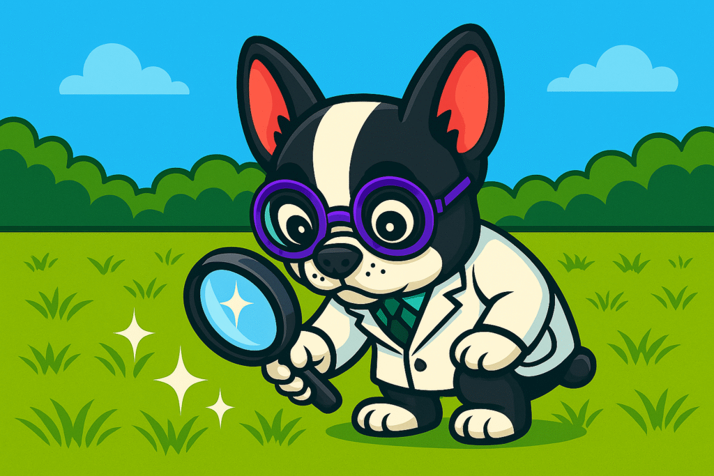 Cartoon French Bulldog mascot inspecting yard with magnifying glass, promoting Turd Nerds’ deep dog poop cleanup service in Austin, TX for long-overdue or high-volume pet waste removal.