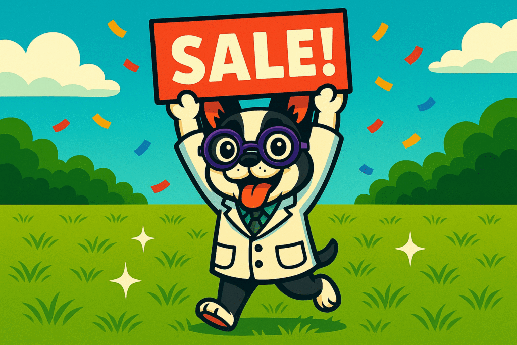 Cartoon French Bulldog mascot holding SALE sign for Turd Nerds’ $15 first-time dog poop cleanup offer in Austin, TX — affordable pet waste removal for new customers.