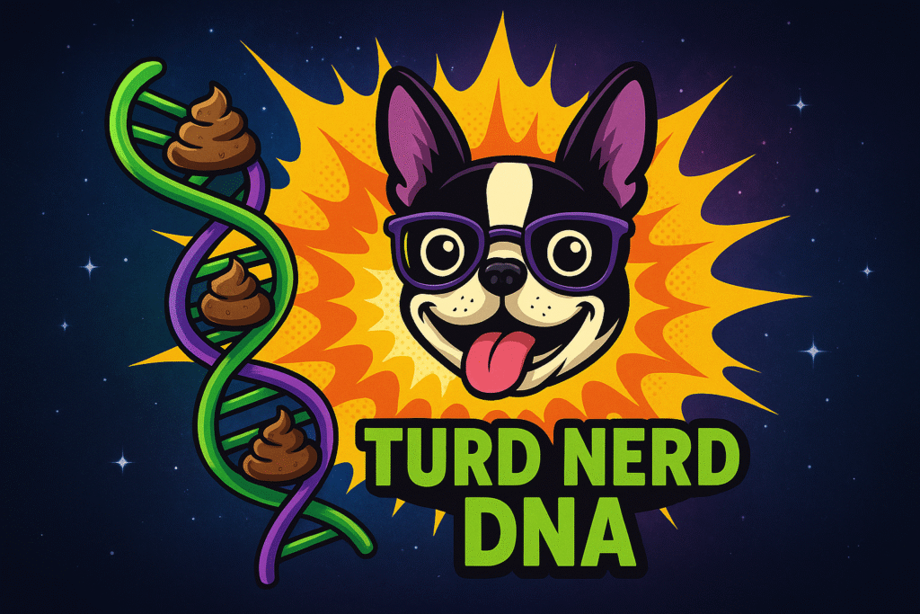 Cartoon Boston Terrier mascot with DNA strand made of poop emojis, symbolizing Turd Nerds’ quirky brand identity and commitment to expert dog poop cleanup in Austin, TX.