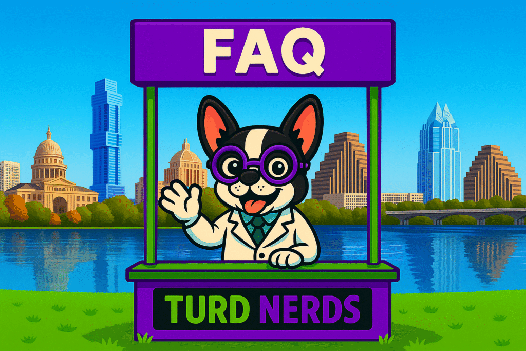 Cartoon dog mascot in lab coat and glasses at FAQ booth for Turd Nerds, an Austin-based dog poop removal service, with downtown Austin skyline in the background.