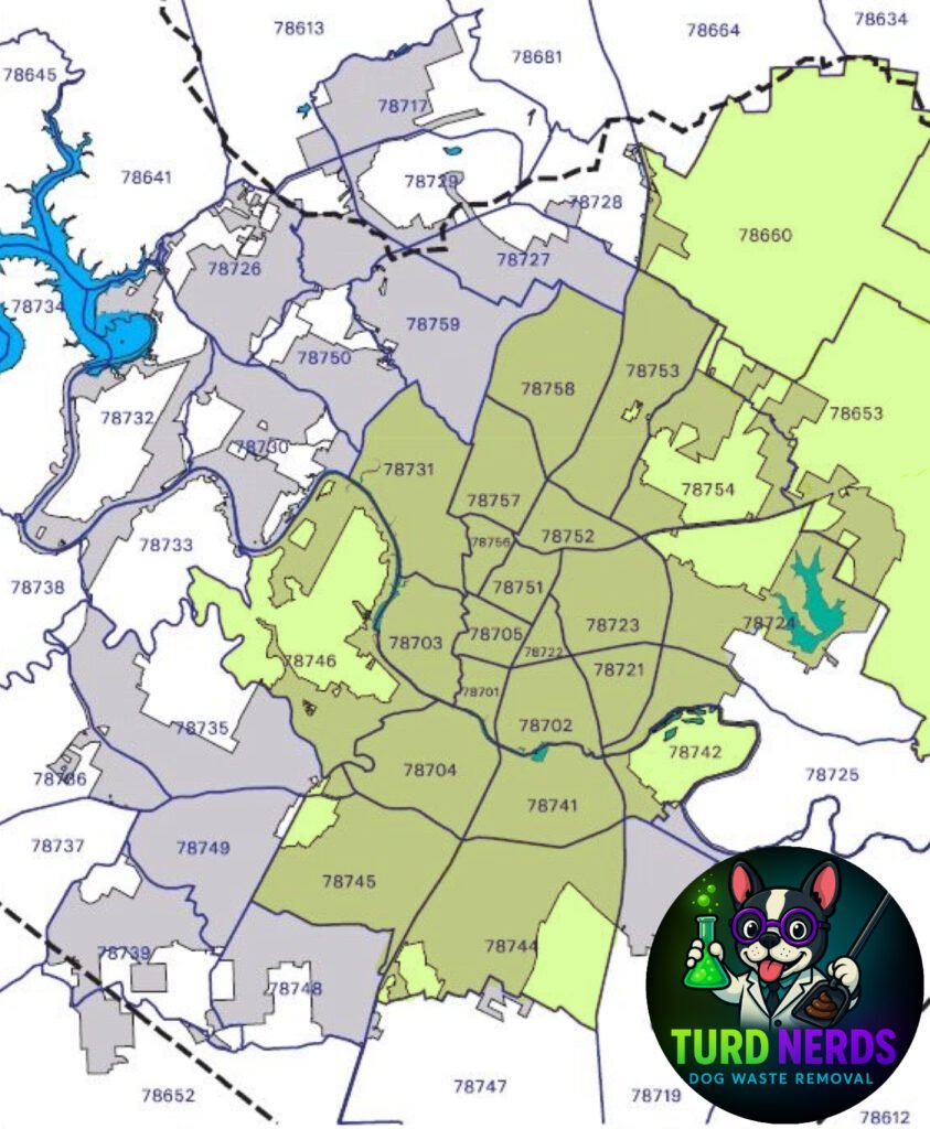 Turd Nerds service area map highlighting zip codes in Austin, TX and surrounding cities like Pflugerville and Manor for professional dog poop pickup and pet waste removal.