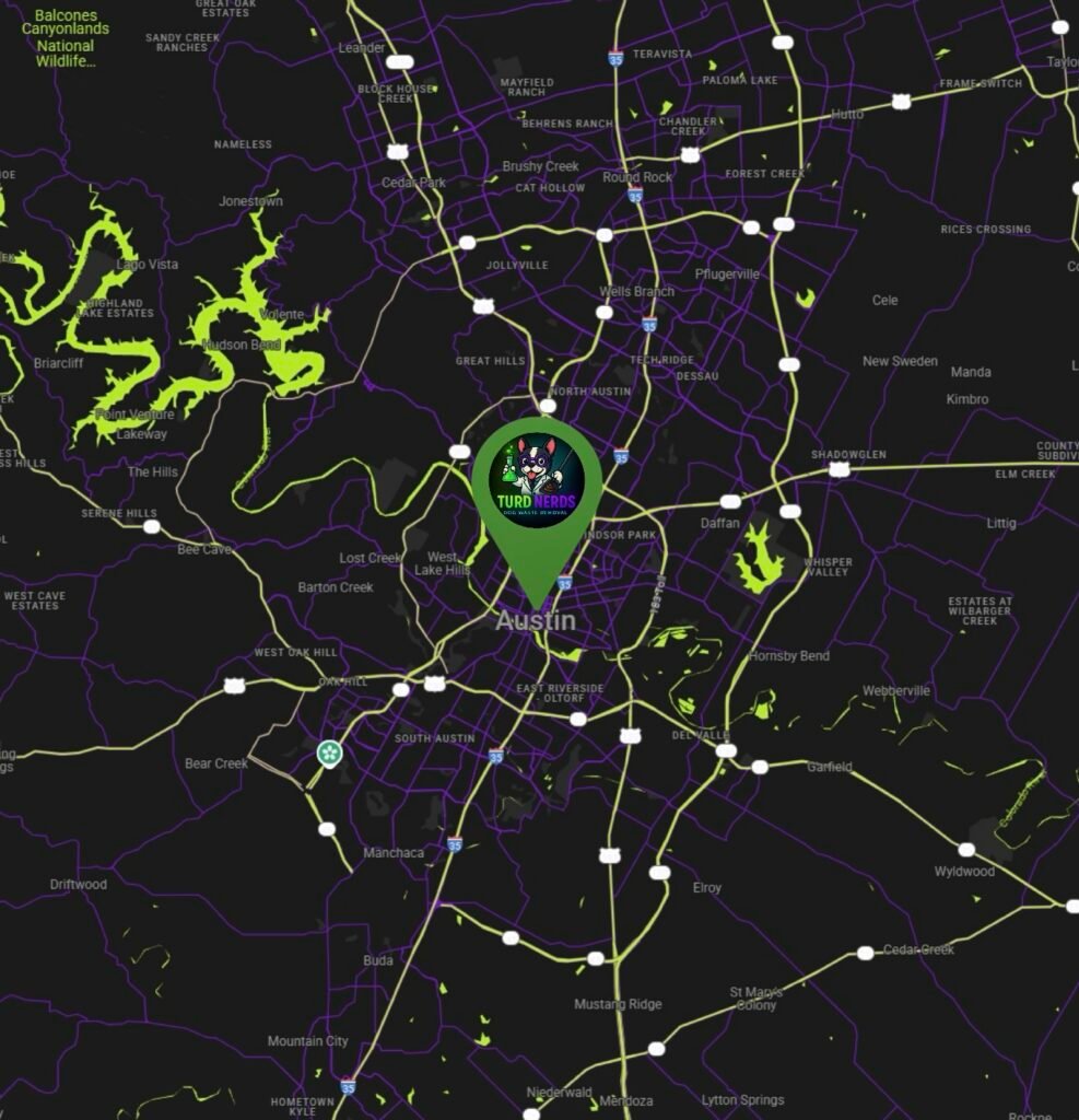 Service map highlighting Turd Nerds' dog poop pickup coverage across Austin, TX and surrounding areas, with branded location pin marking headquarters.