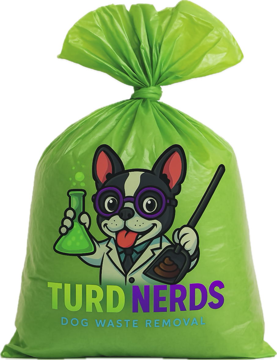 Bright green Turd Nerds dog waste bag featuring cartoon mascot with poop scoop and lab flask, symbolizing fast, reliable pet waste removal in Austin, TX.