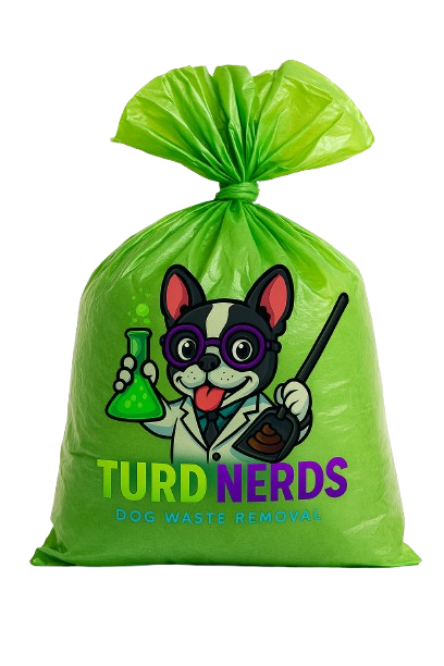 Turd Nerds branded dog waste bag with logo - eco-friendly poop pickup in Austin, TX